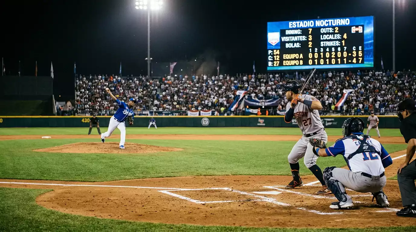 Estadio de béisbol iluminado durante un partido nocturno con marcador electrónico