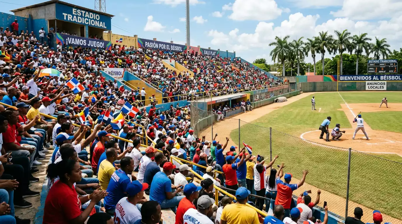 Aficionados de béisbol en un estadio de Latinoamérica con banderas del Caribe