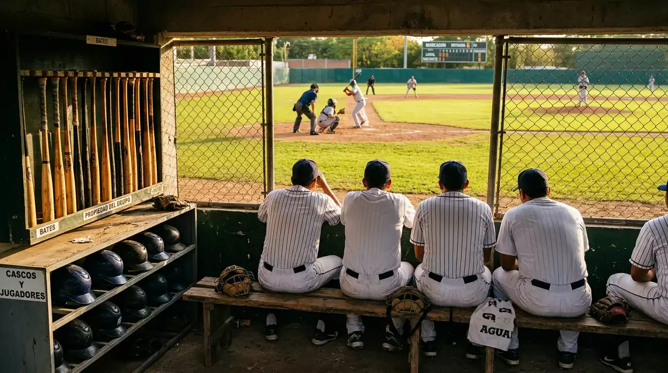 Dugout de béisbol con jugadores del equipo no favorito preparándose para el partido